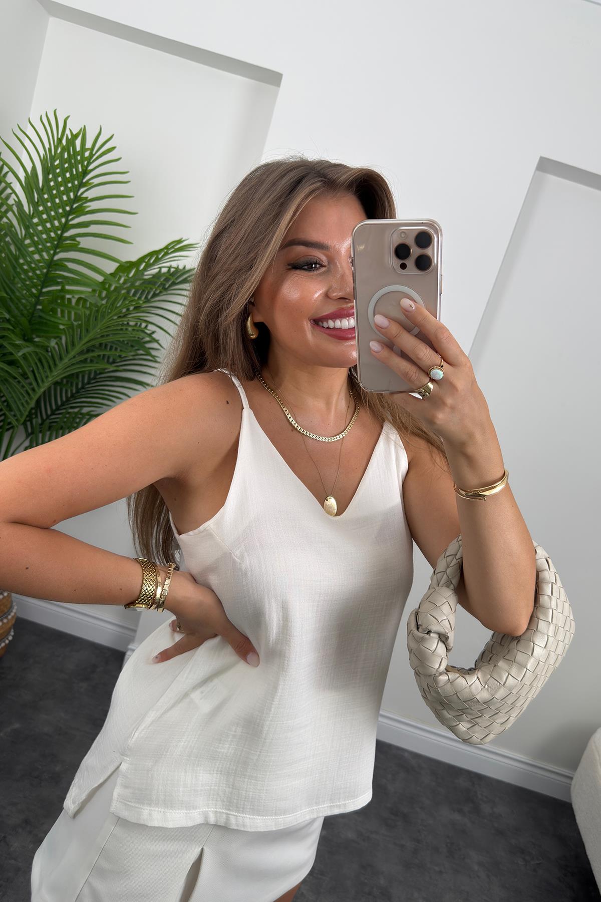 %100 Müslin Organik Kumaş İp Askılı Bluz Beyaz