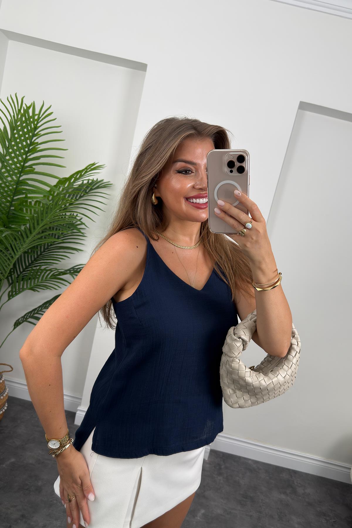 %100 Müslin Organik Kumaş İp Askılı Bluz Lacivert 