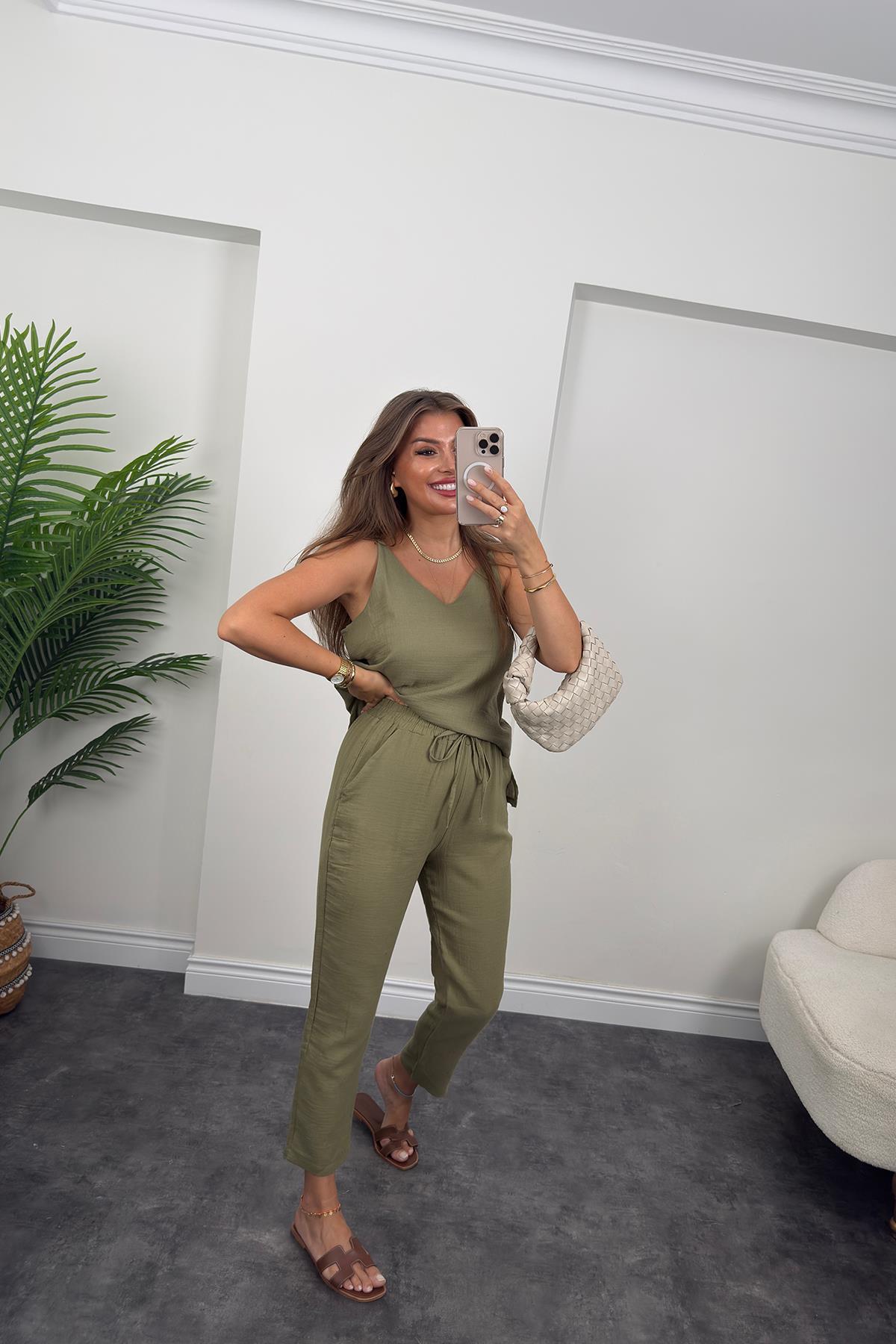 %100 Müslin Organik Kumaş Jogger Pantolon Haki