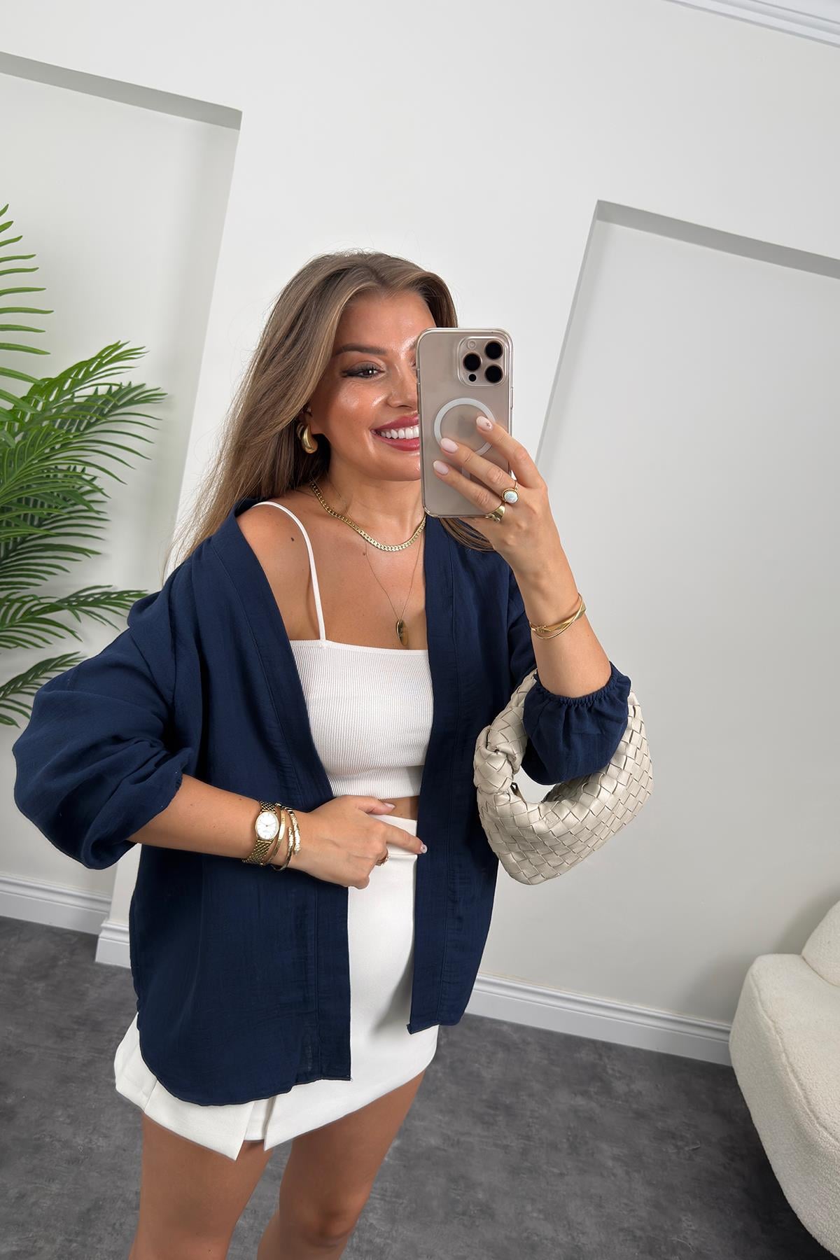 %100 Müslin Organik Kumaş Kimono Ceket Lacivert