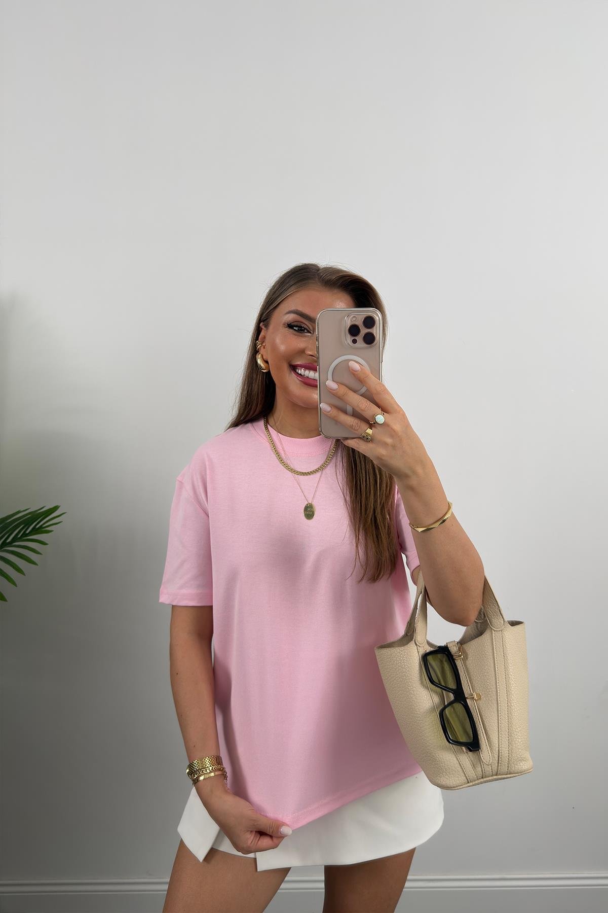 %100 Pamuklu Bisiklet Yaka Premium Basic Tshirt Pembe
