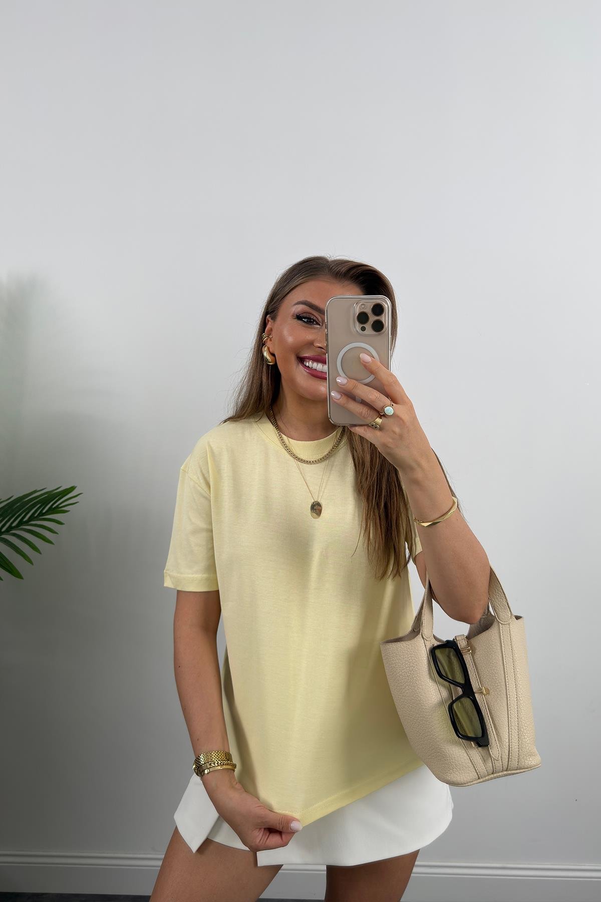 %100 Pamuklu Bisiklet Yaka Premium Basic Tshirt Sarı