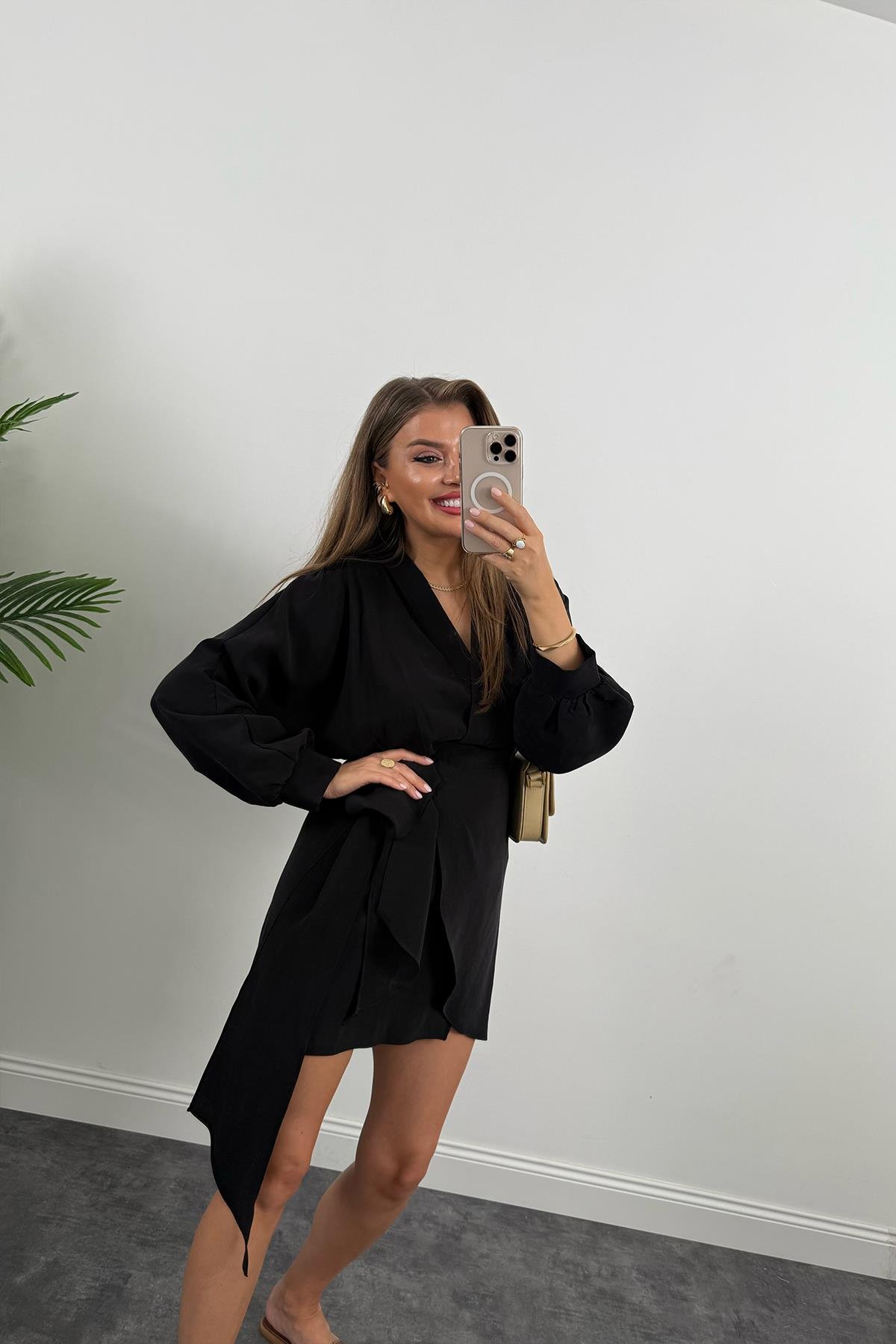 %100 Tensel Balon Kol Lüx Kalite Anvelop Elbise Siyah