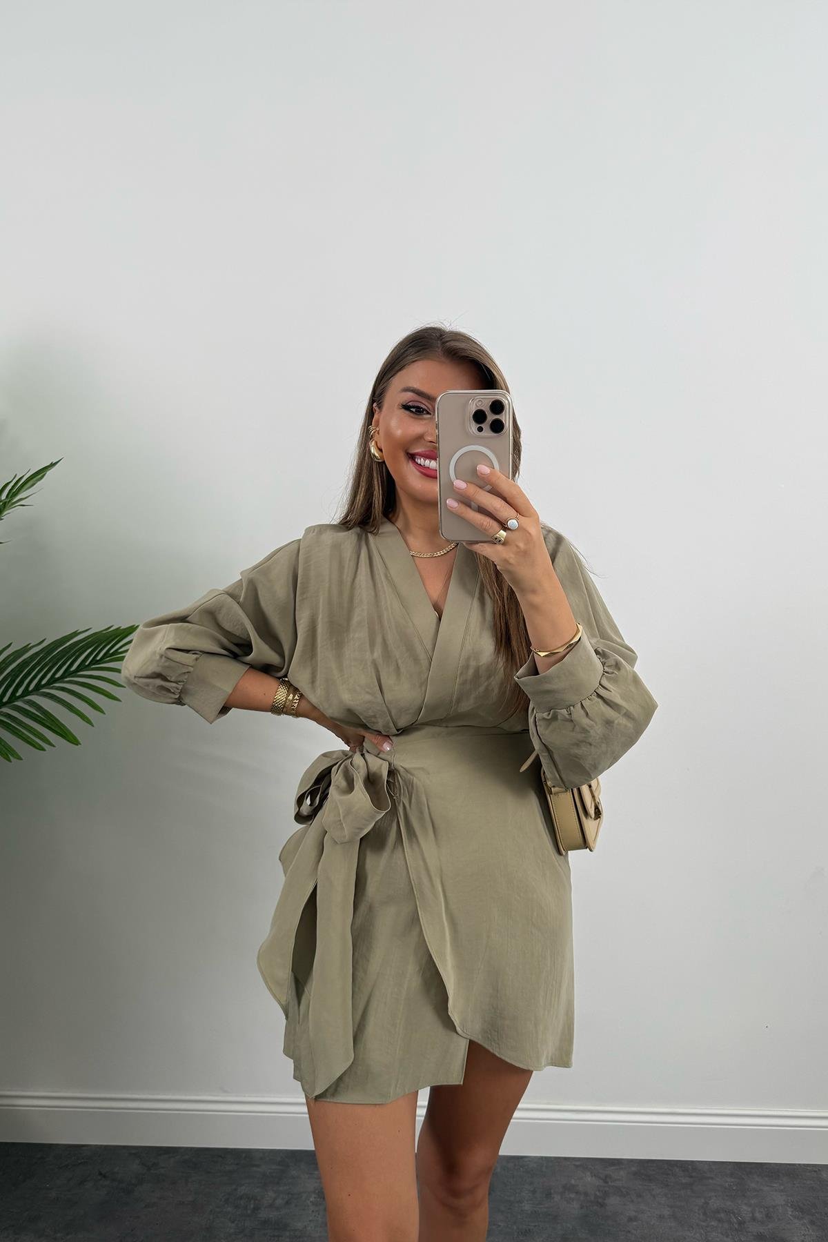 %100 Tensel Balon Kol Lüx Kalite Anvelop Elbise Haki