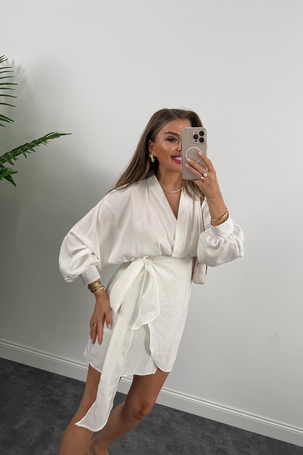 %100 Tensel Balon Kol Lüx Kalite Anvelop Elbise Ekru