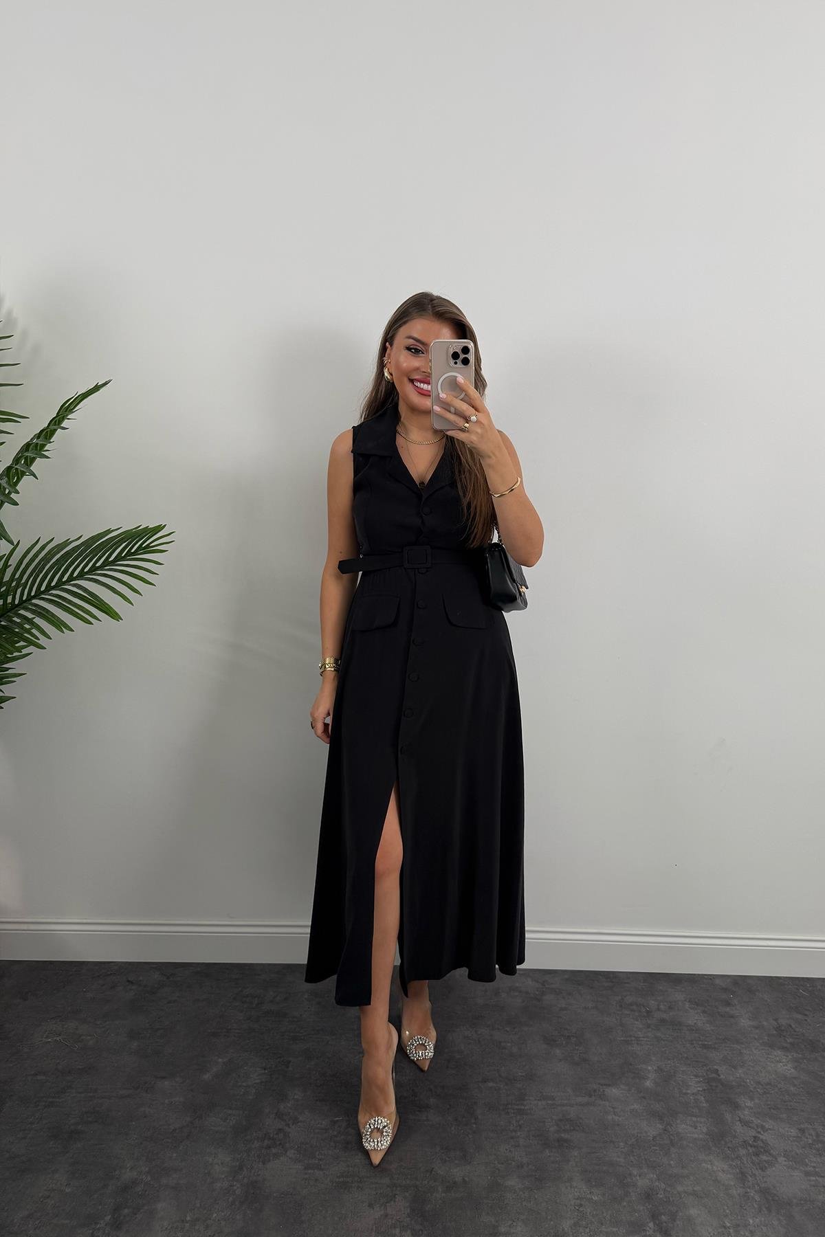 %100 Tensel Kumaş Lüx Kalite Düğmeli Kemerli Maxi Elbise Siyah