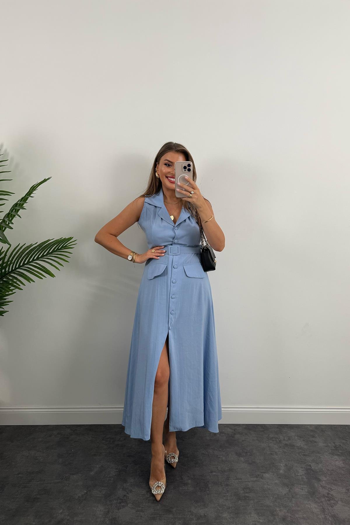 %100 Tensel Kumaş Lüx Kalite Düğmeli Kemerli Maxi Elbise Mavi