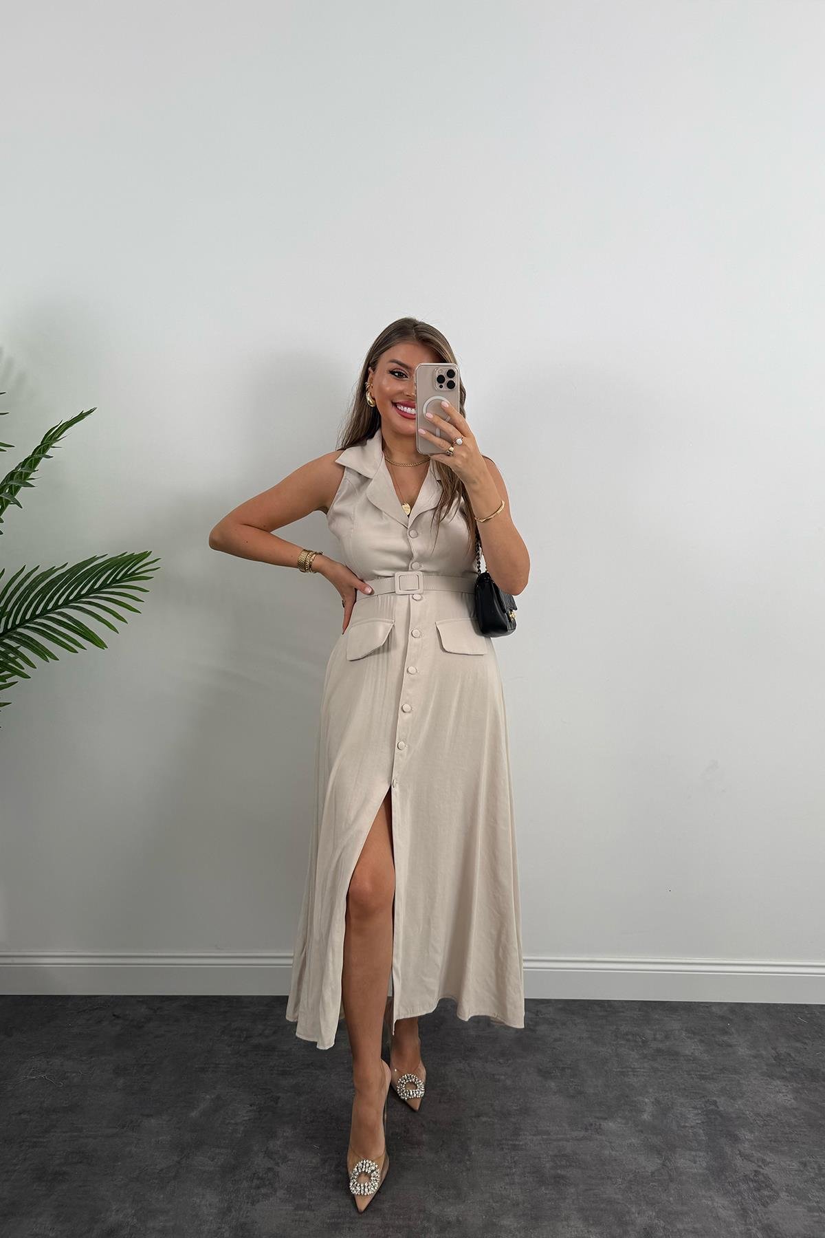 %100 Tensel Kumaş Lüx Kalite Düğmeli Kemerli Maxi Elbise Taş