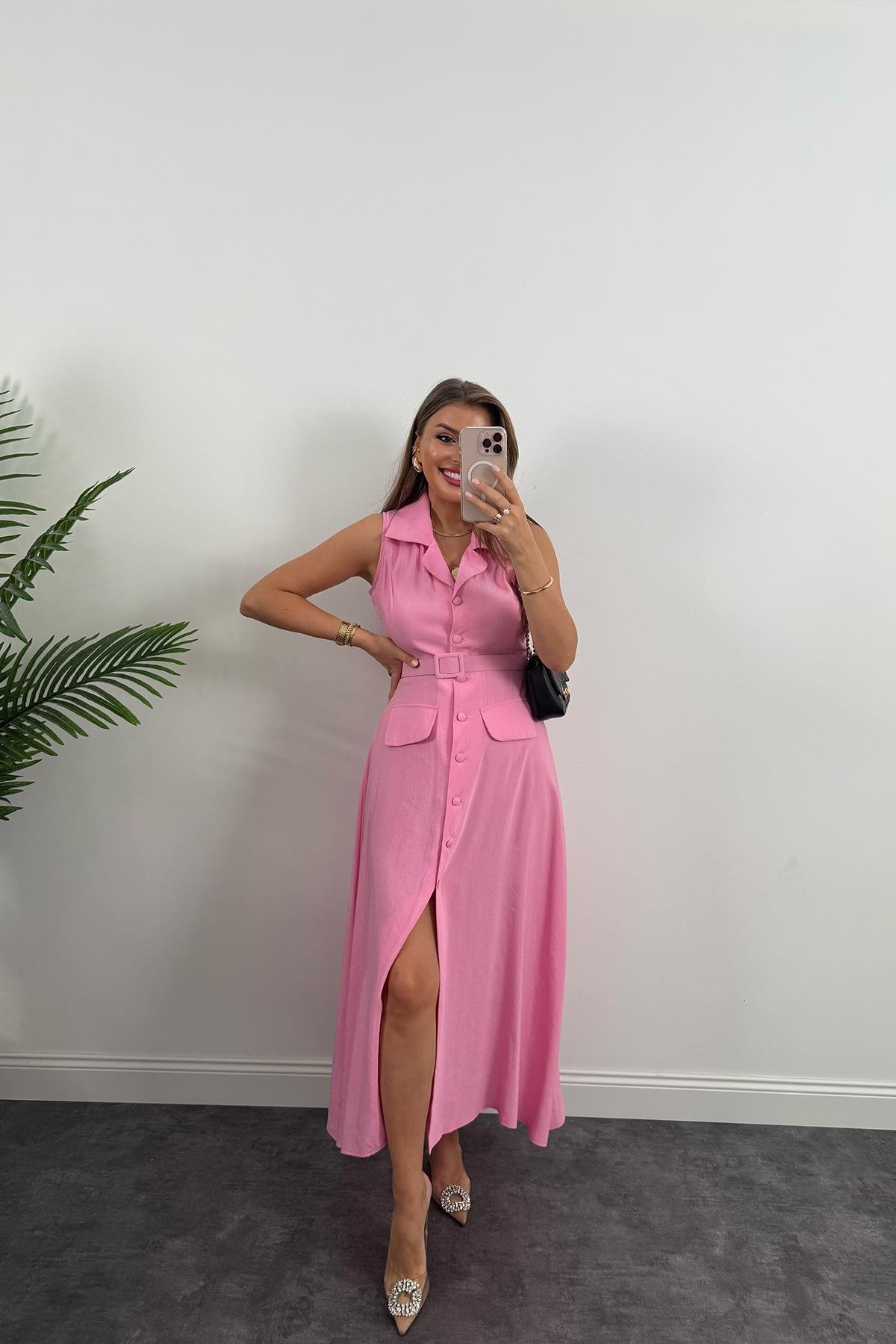 %100 Tensel Kumaş Lüx Kalite Düğmeli Kemerli Maxi Elbise Pembe