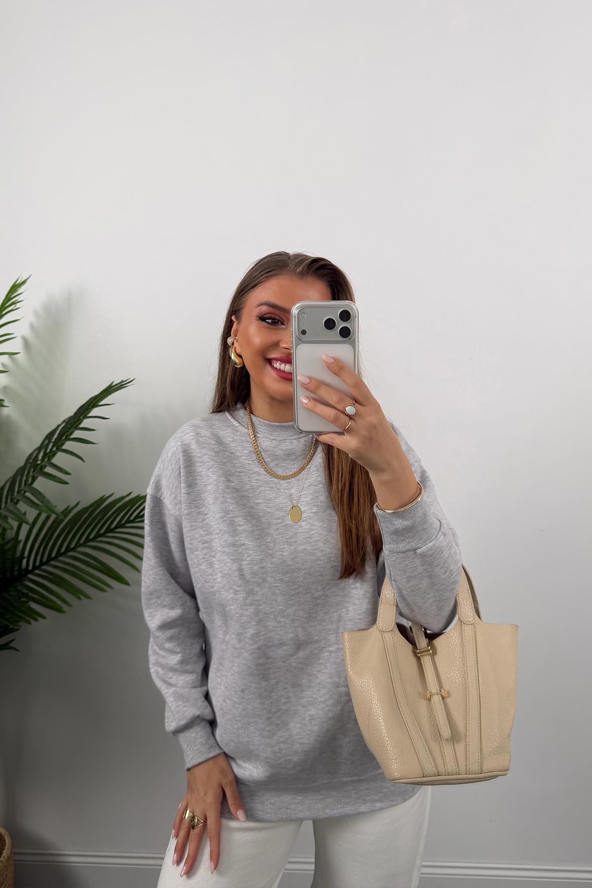 3 İplik Şardonlu Tam Pamuk Basic Yumoş Sweat Gri
