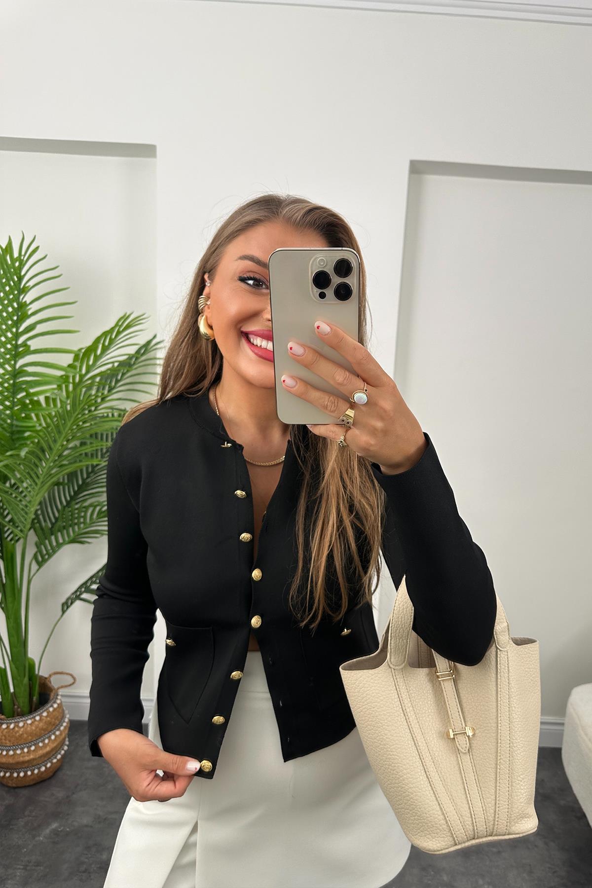 Amor Paris Gold Düğmeli Çelik Triko Hırka Siyah