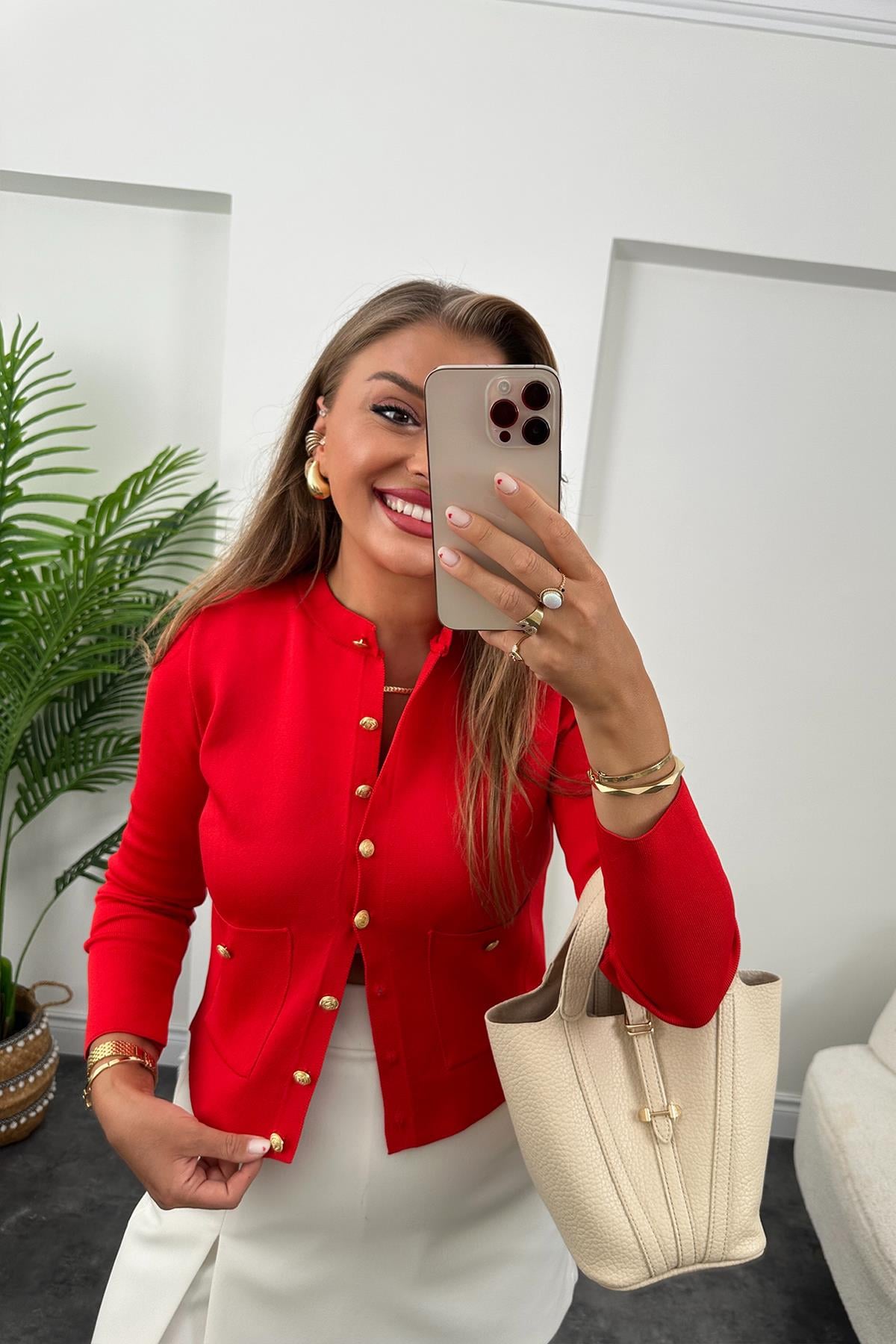 Amor Paris Gold Düğmeli Çelik Triko Hırka Kırmızı