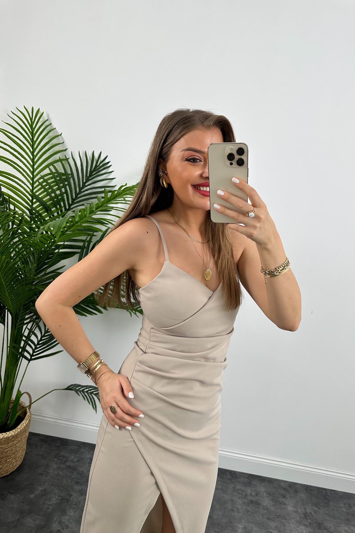 Anvelop Model Likralı İp Askılı Midi Boy Crep Elbise Taş