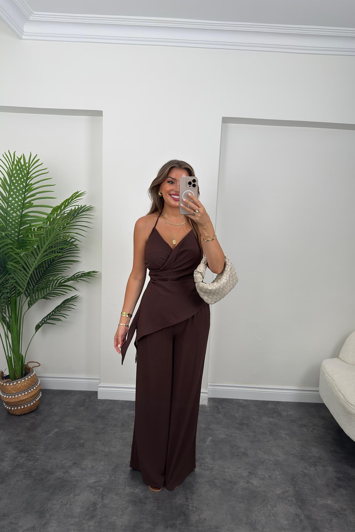 Asimetrik Bluzlu Palazzo Pantolon Takım Acı Kahve