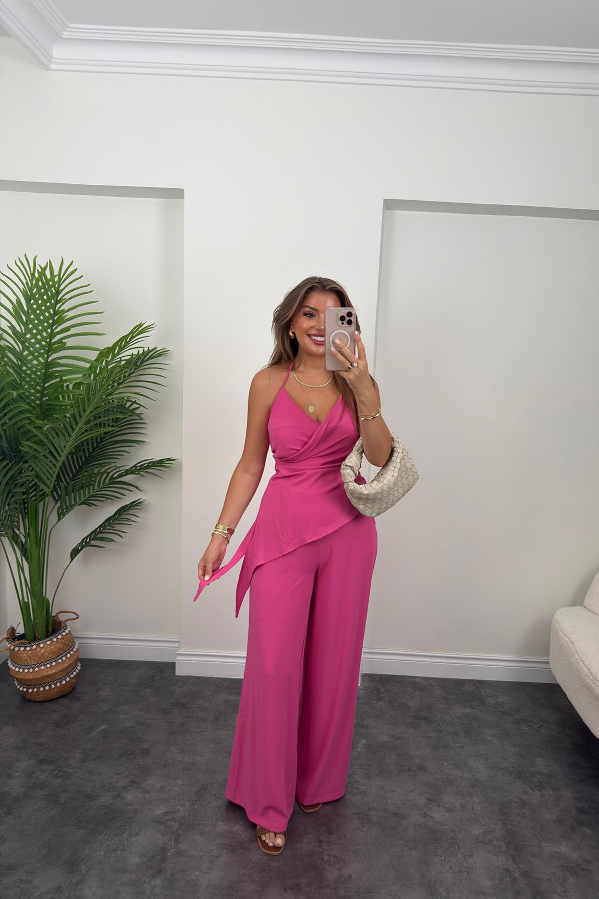 Asimetrik Bluzlu Palazzı Pantolon Takım Fuşya