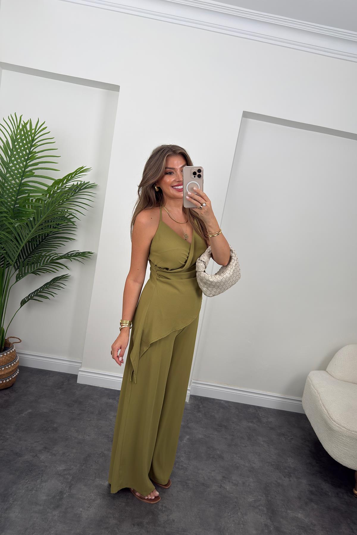 Asimetrik Bluzlu Palazzo Pantolon Takım Yağ Yeşili