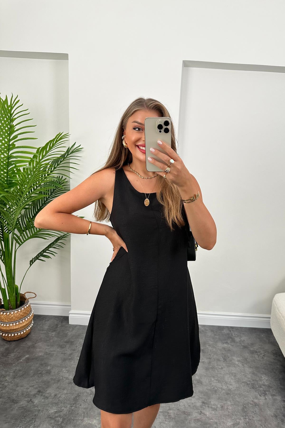 Basic Keten Çan Elbise Siyah