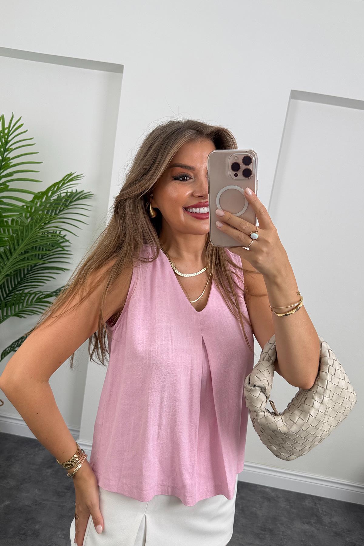 Bebe Lüx Kalite Ham Keten Kolsuz Bluz Pembe