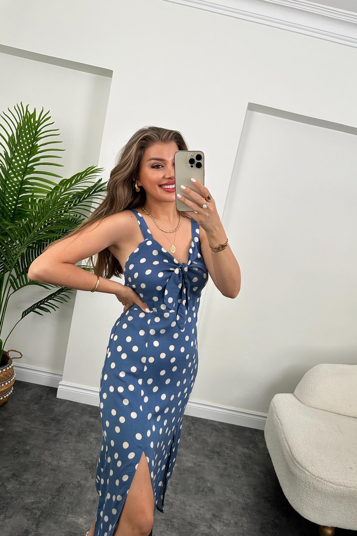 Bebe Marka Çift Yırtmaçlı Puantiyeli Tensel Elbise İndigo