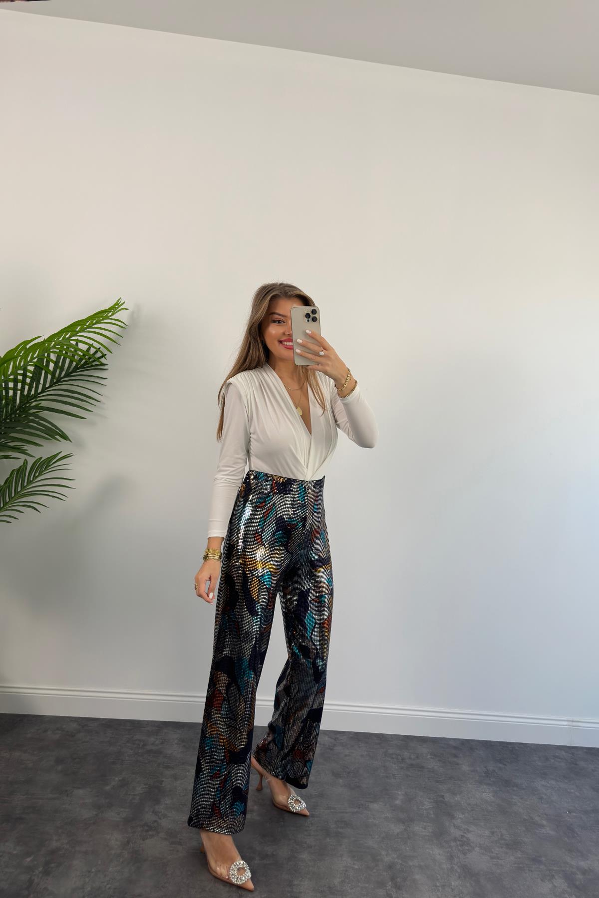 Bebe Plus Premium Seri Likralı Renkli Pul Payet Palazzo Pantolon