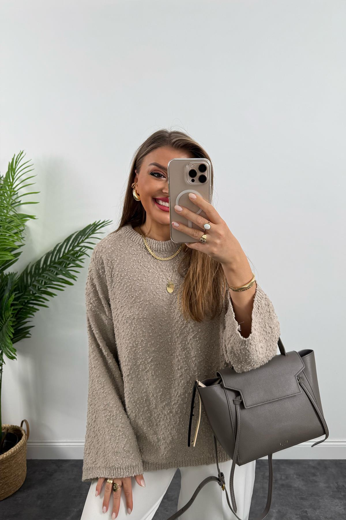 Buklet Triko Pinterest Model Geniş Kol Salaş Kazak Vizon