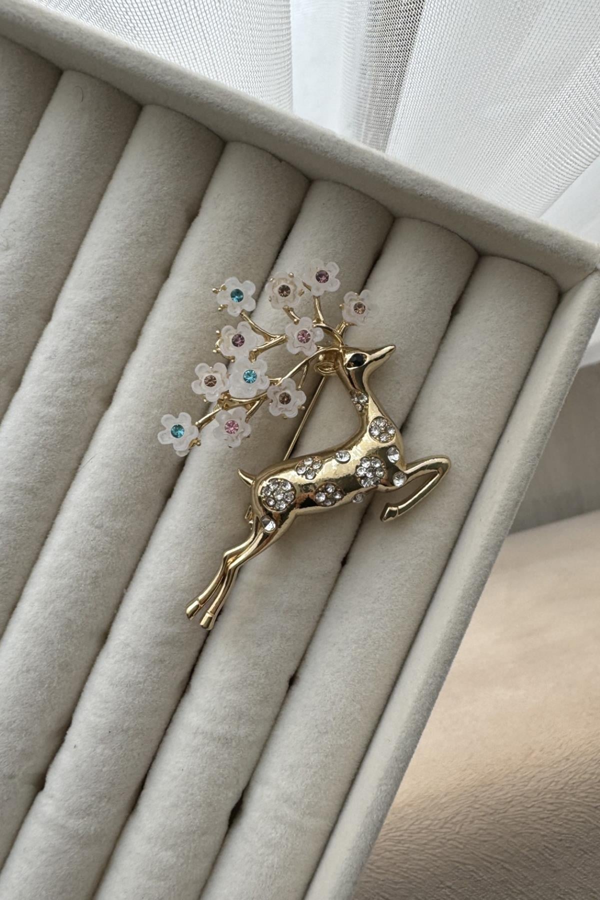 Çiçekli Geyik Broş