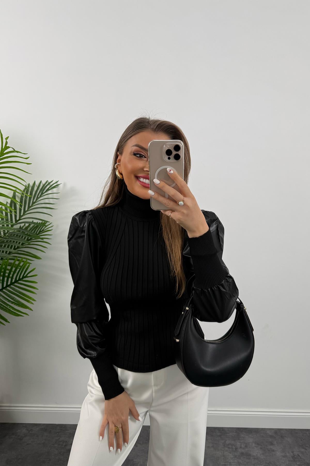 Deri Kol Tasarım Balıkçı Triko Siyah