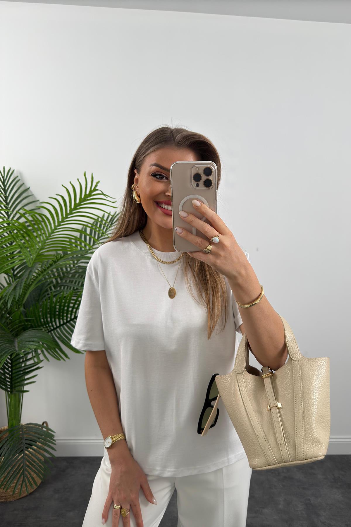 Dilvin Tam Pamuklu Dekoratif Dikiş Premium Basic Tshirt Beyaz