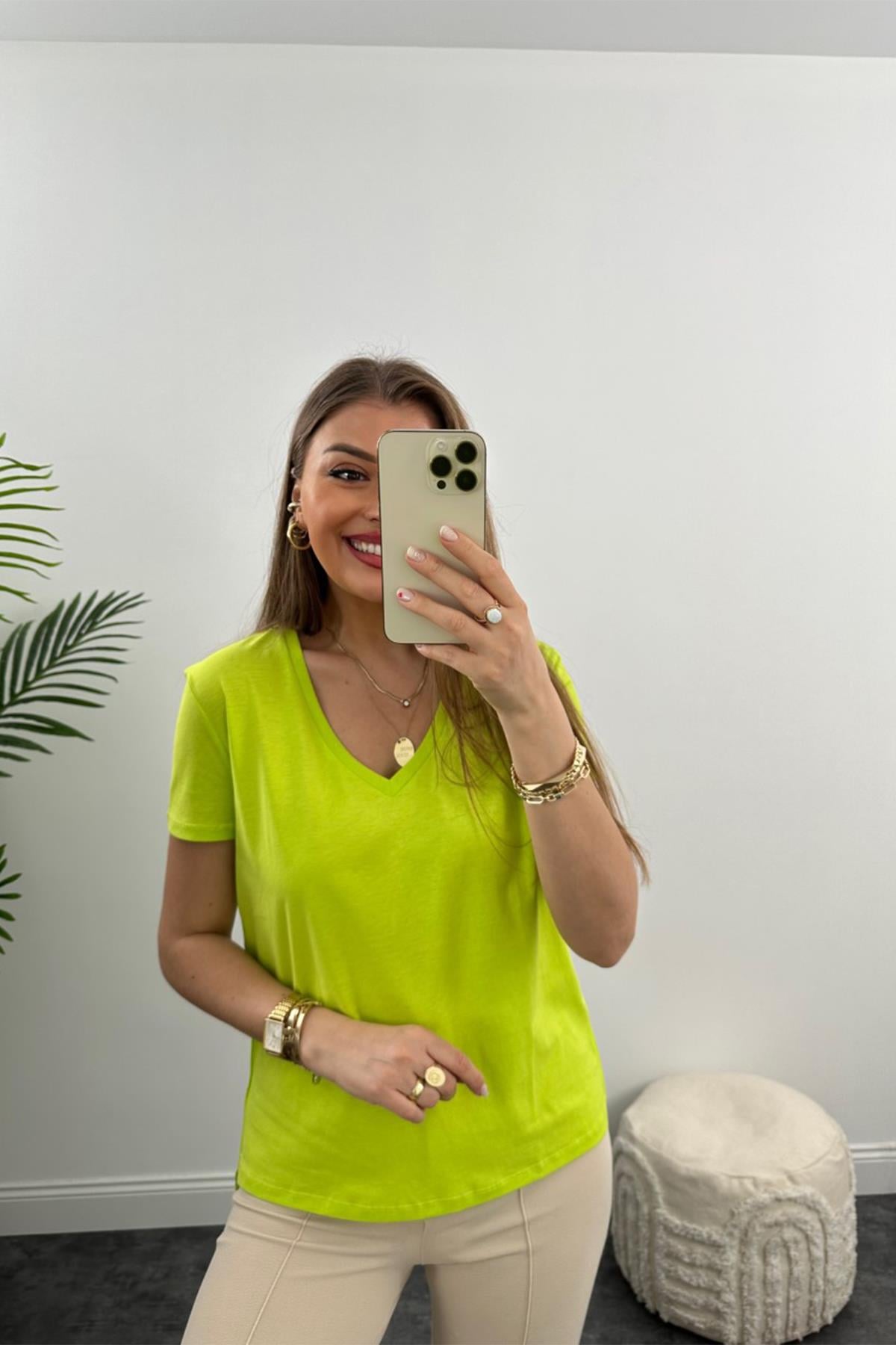 Dilvin Tam Pamuklu V Yaka Basic Tshirt Lime