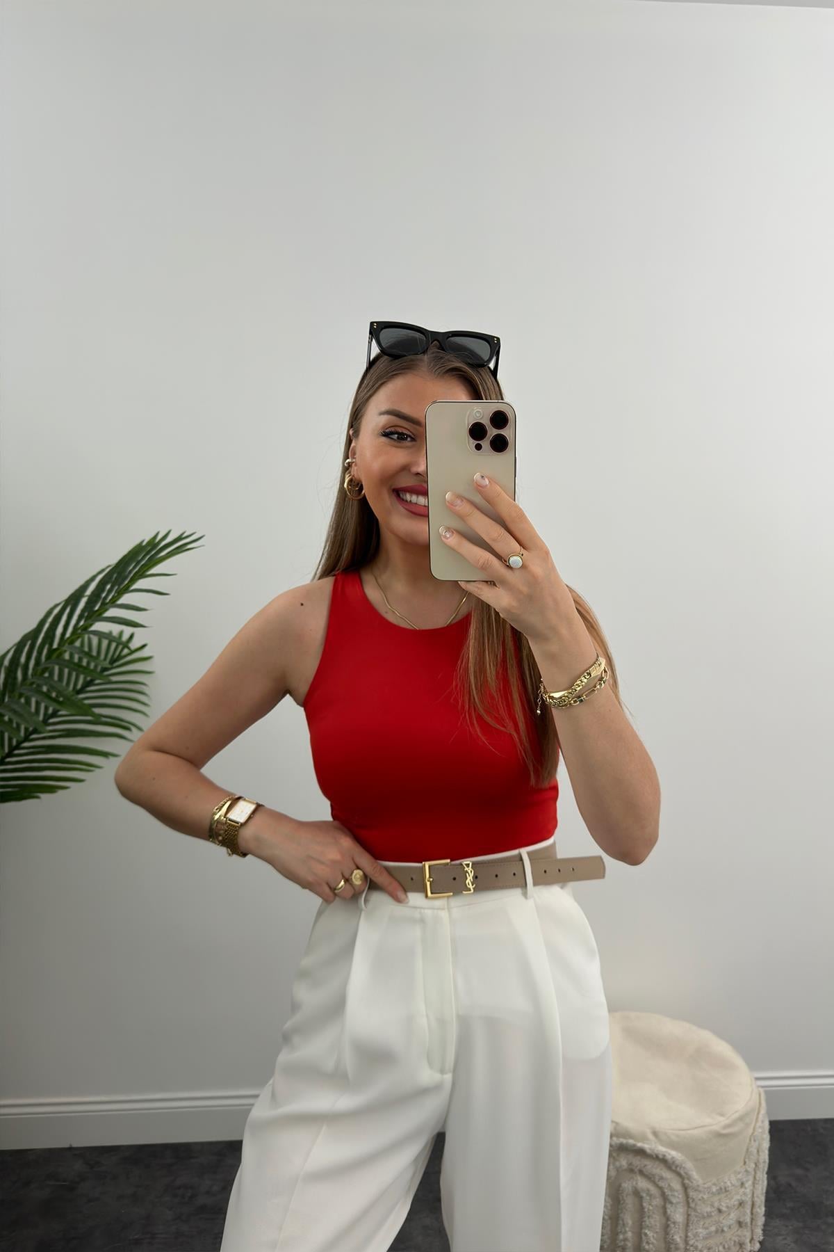 Double Kumaş Likralı Halter Yaka Crop Bluz Kırmızı