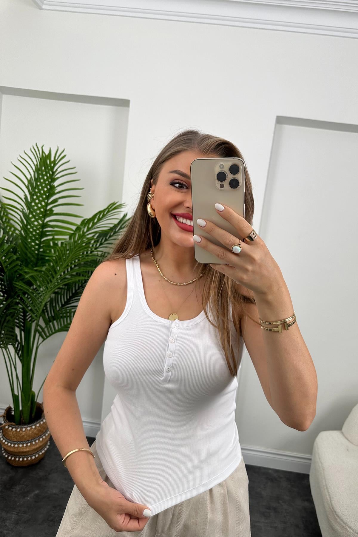 Düğmeli Tam Pamuklu Premium Atlet Beyaz 