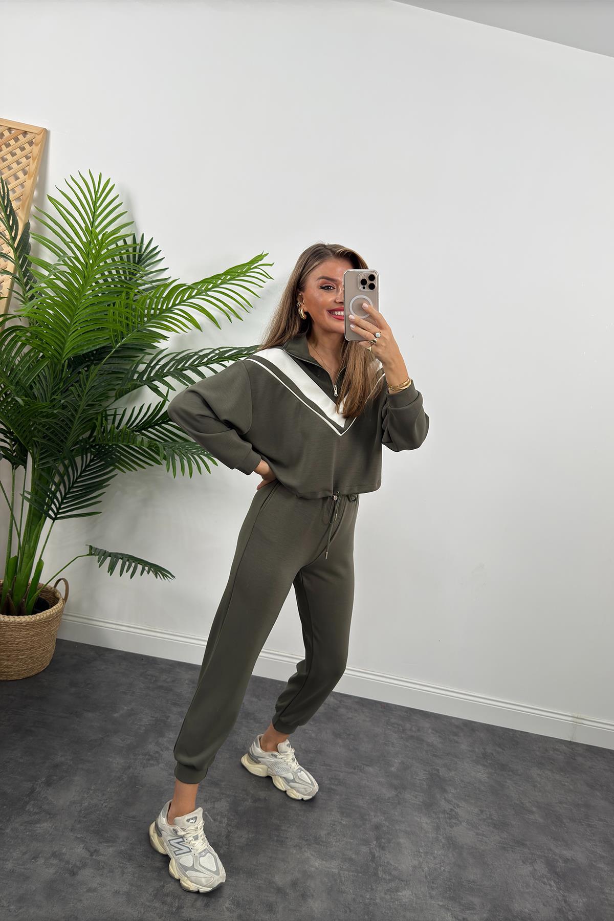 Fermuarlı Şeritli 1. Sınıf Kalite Oysh Model Modal Kumaş Takım Yıkamalı Haki