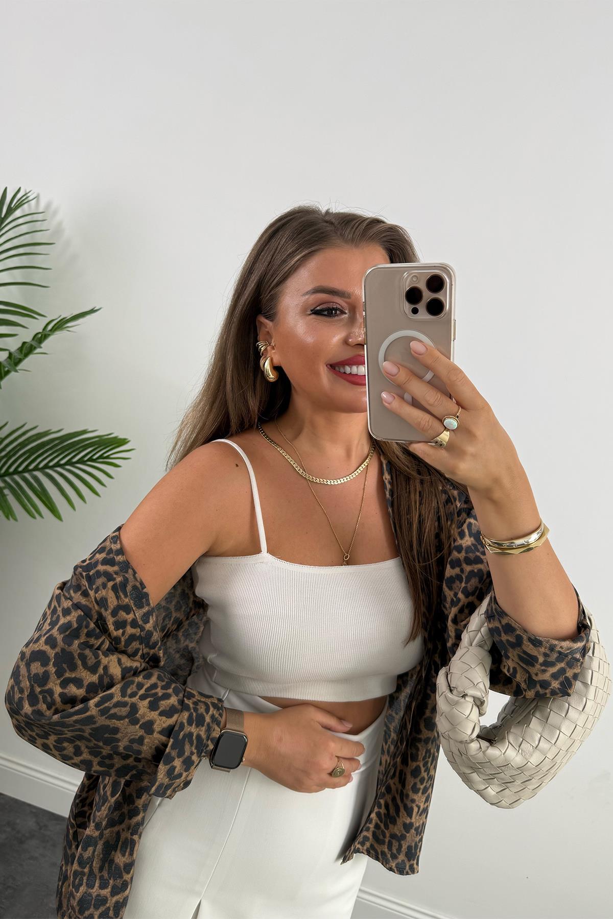 İp Askılı Elit Triko Crop Top Beyaz 