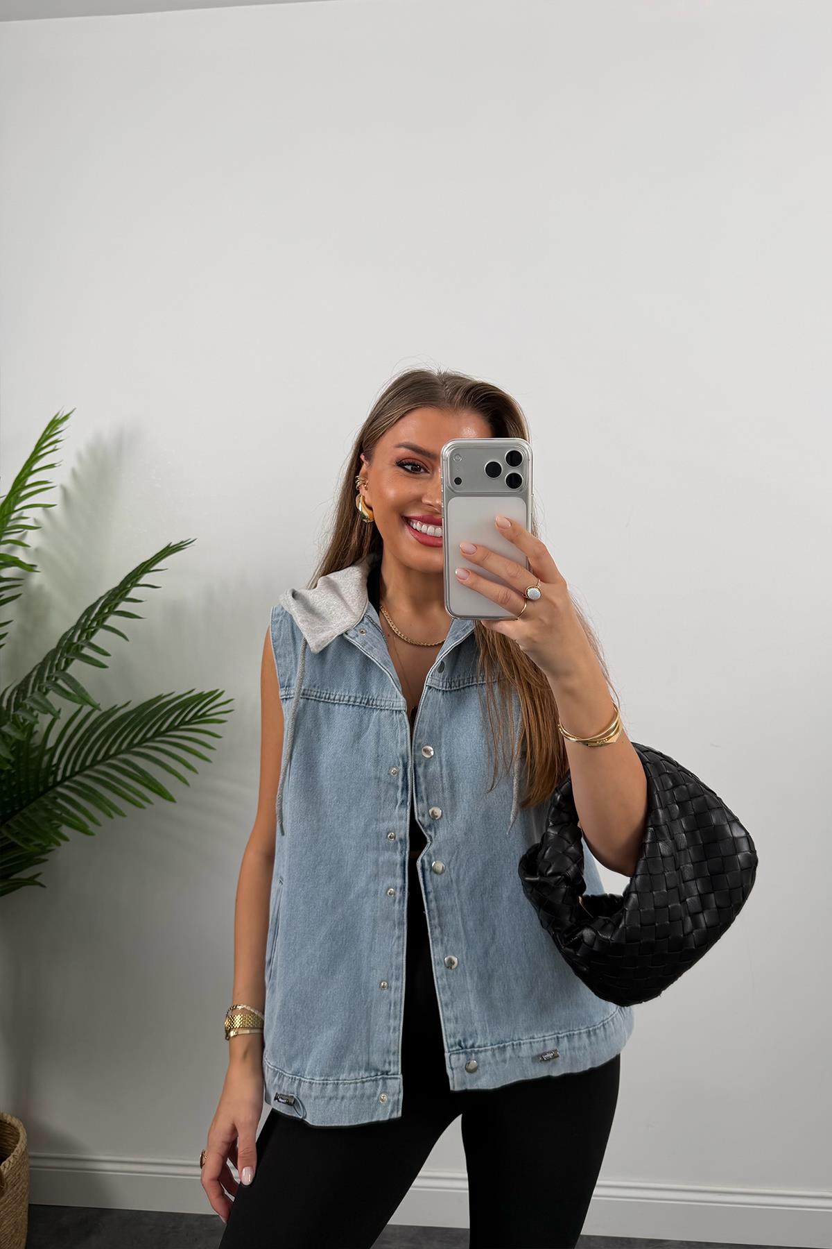 Kapüşonlu Jean Yelek