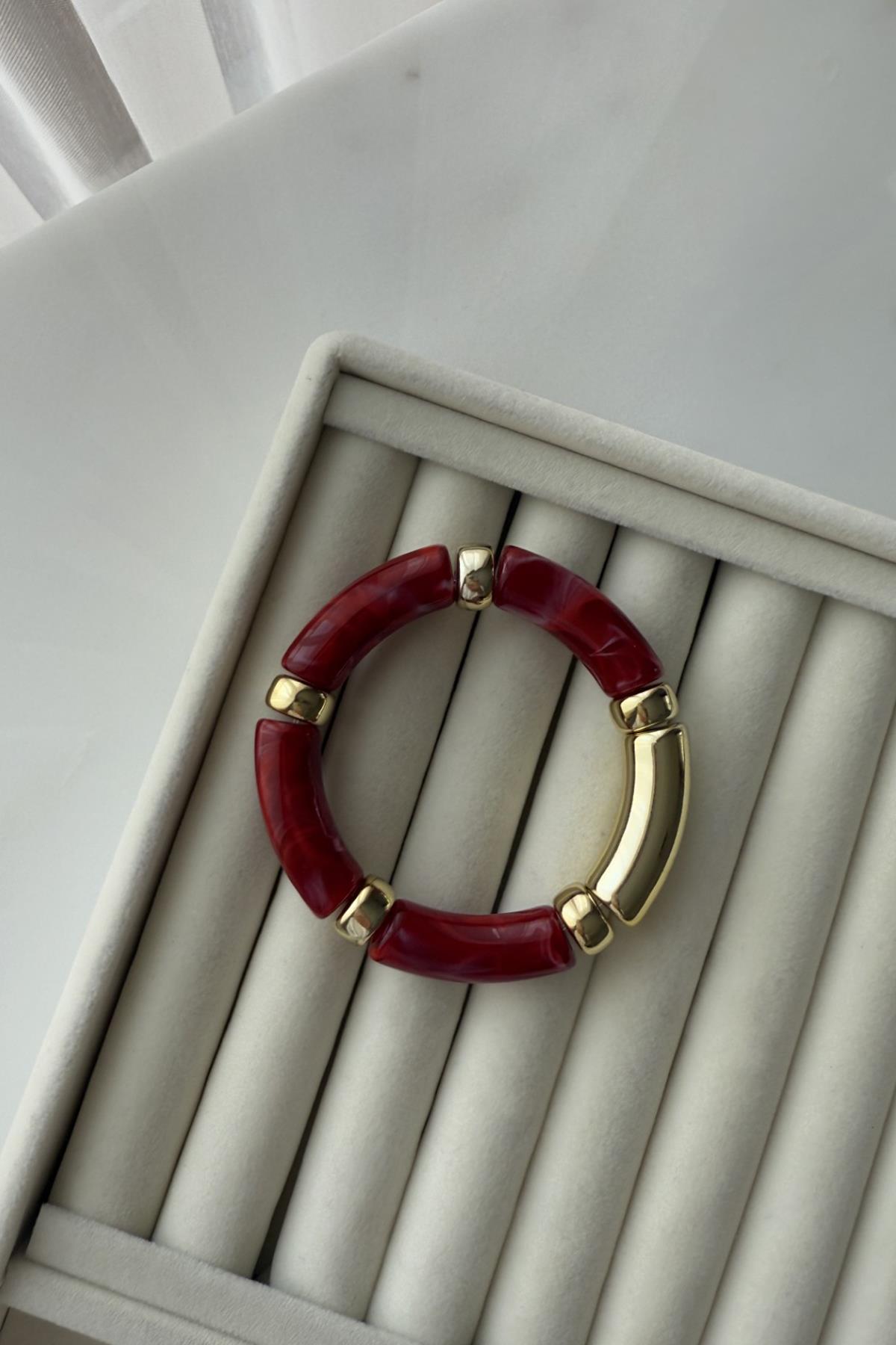Kemik Model Gold Detay Lastikli Bileklik (Bordo)