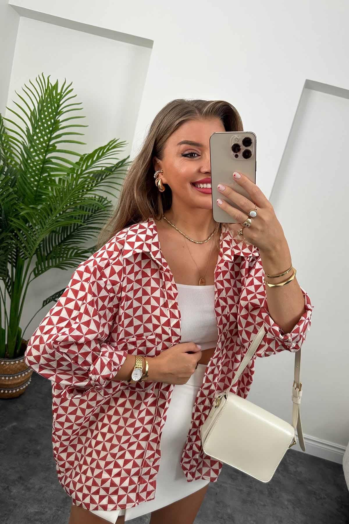 Kiremit Desenli Basic Salaş Tensel Gömlek