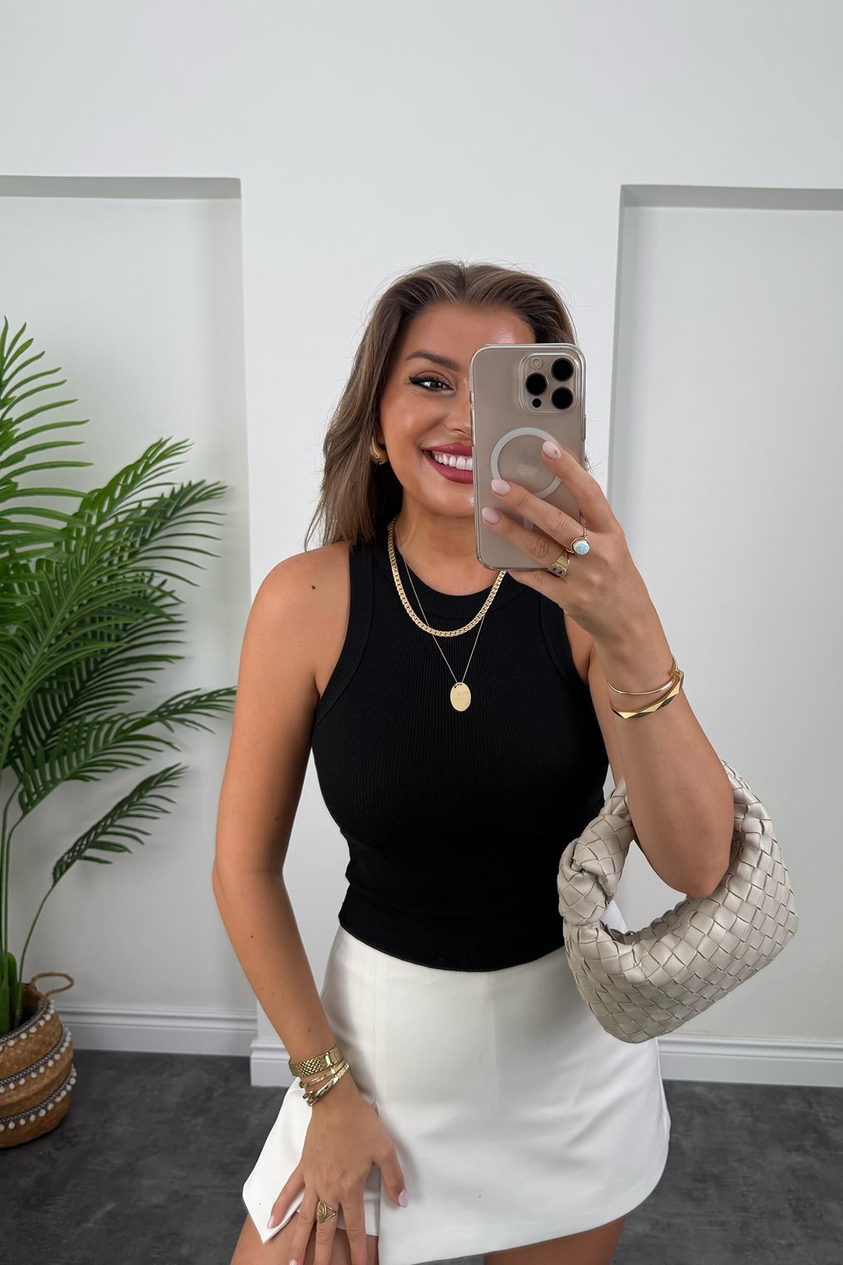 Likralı Fitilli Basic Halter Atlet Siyah