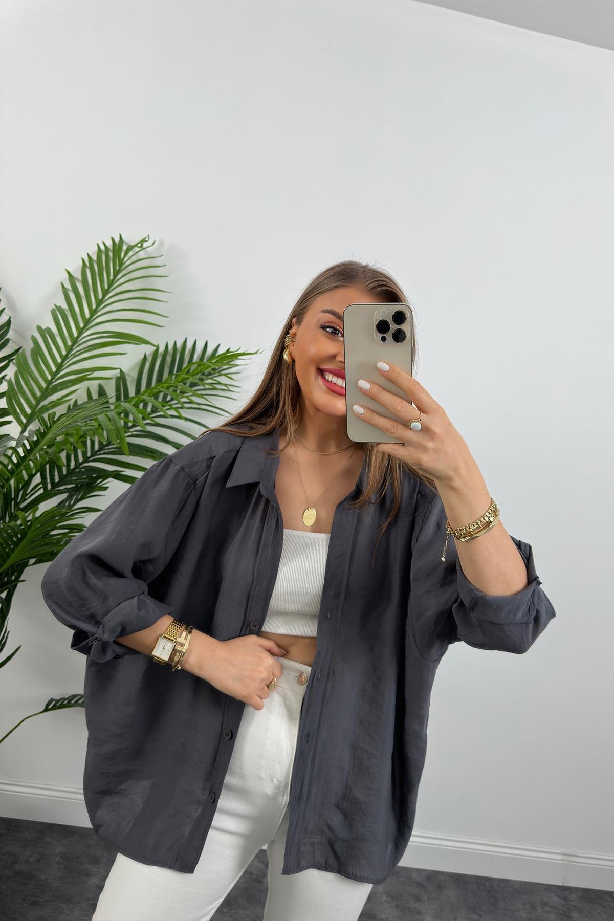 Lüx Kalite Basic Salaş Tensel Gömlek Antrasit Gri