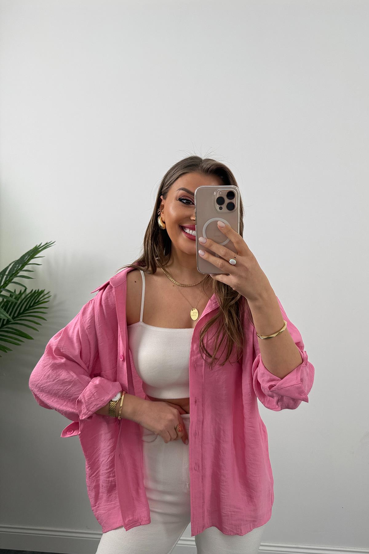 Lüx Kalite Basic Salaş Tensel Gömlek Barbie Pembe