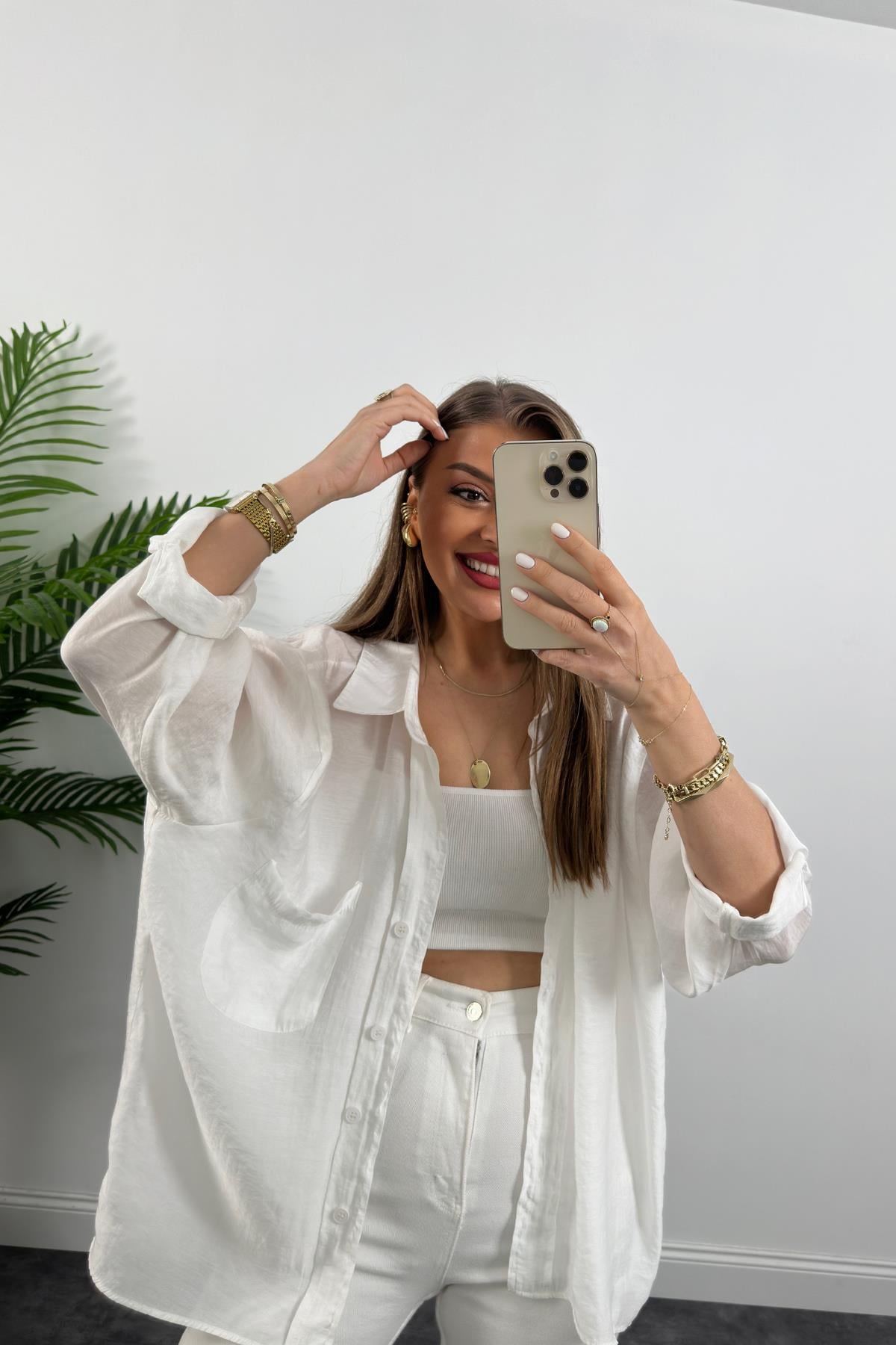 Lüx Kalite Basic Salaş Tensel Gömlek Beyaz