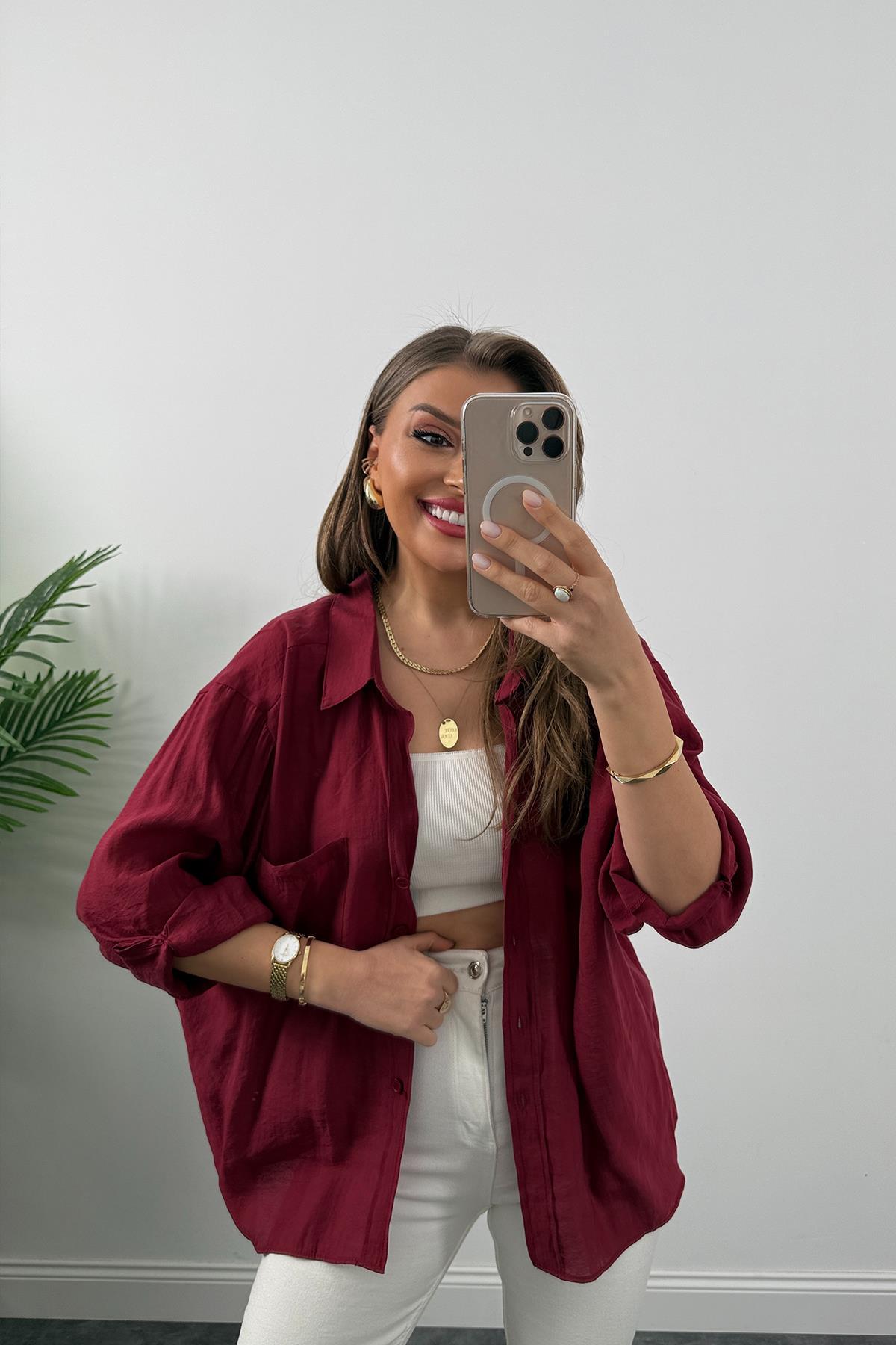 Lüx Kalite Basic Salaş Tensel Gömlek Bordo