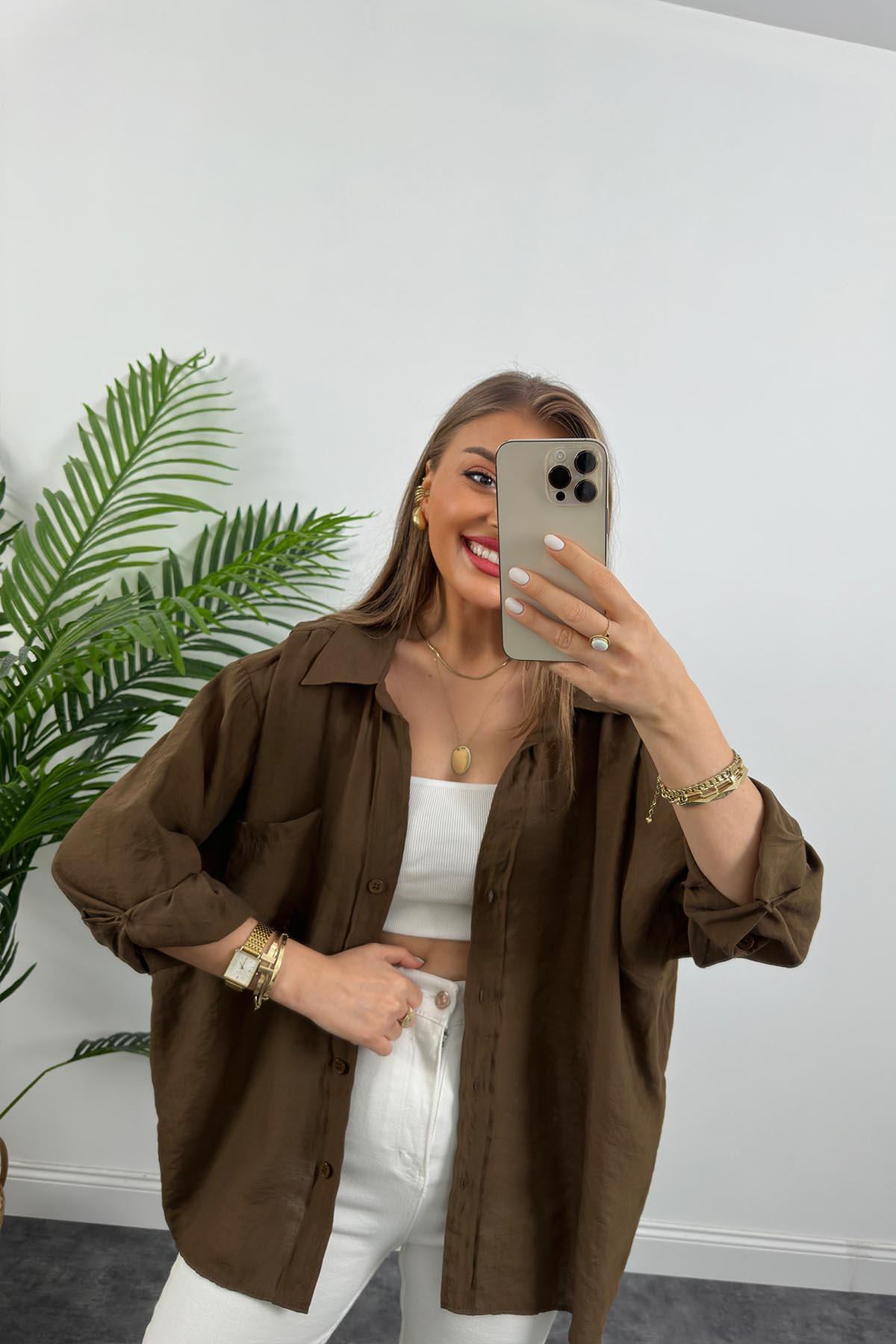 Lüx Kalite Basic Salaş Tensel Gömlek Çikolata Kahve