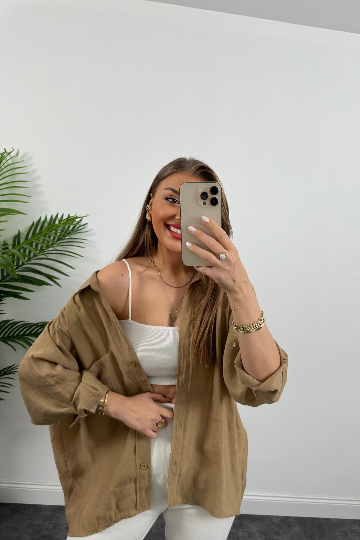 Lüx Kalite Basic Salaş Tensel Gömlek Camel