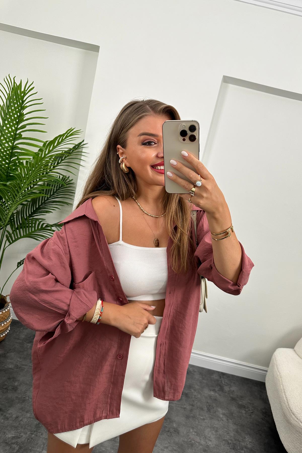 Lüx Kalite Basic Salaş Tensel Gömlek Gül Kurusu