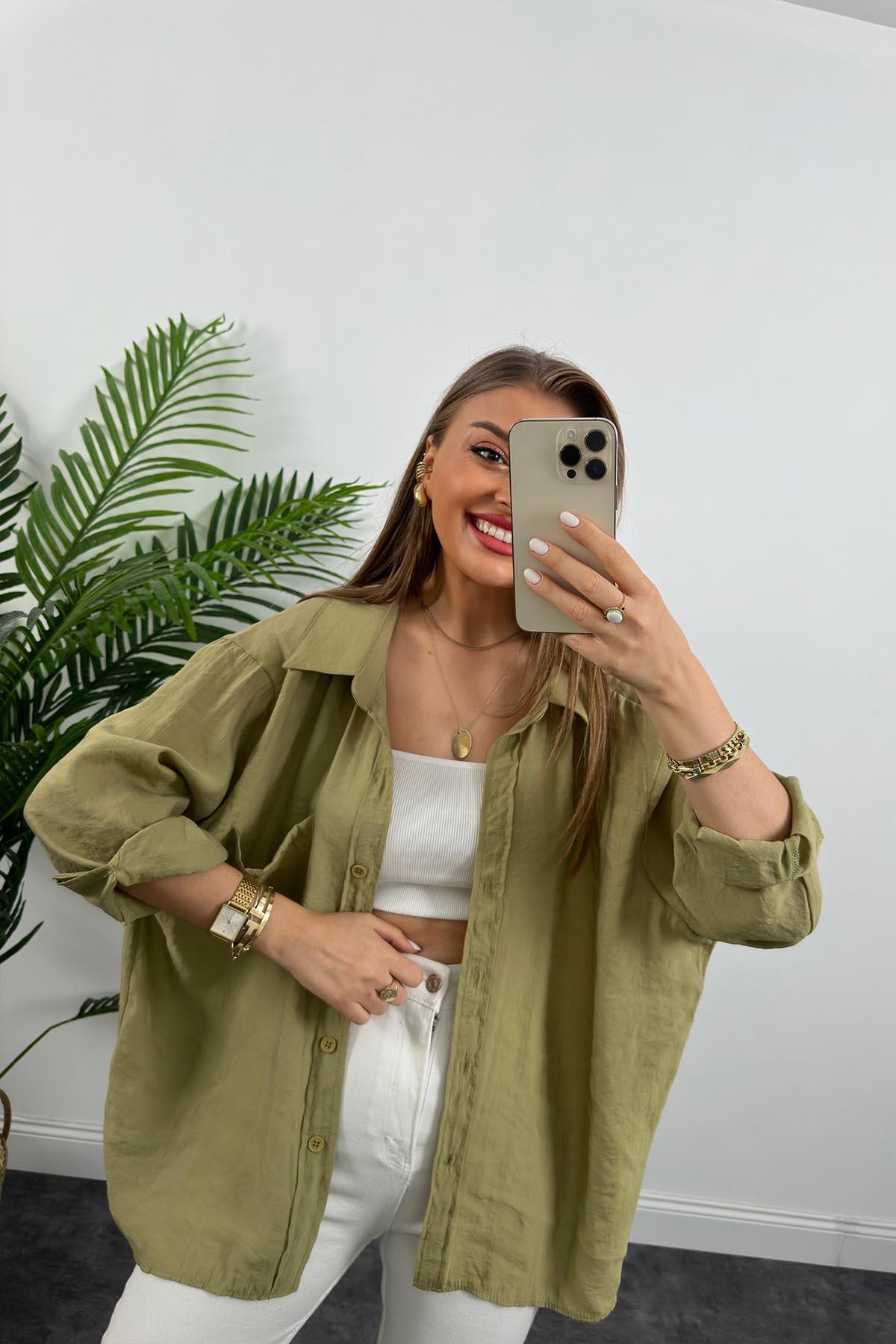 Lüx Kalite Basic Salaş Tensel Gömlek Haki