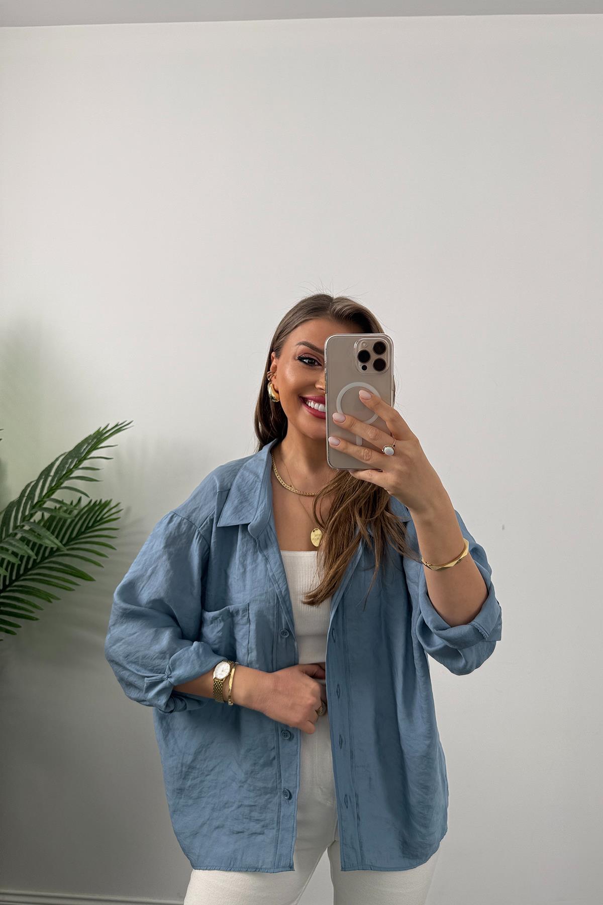 Lüx Kalite Basic Salaş Tensel Gömlek İndigo