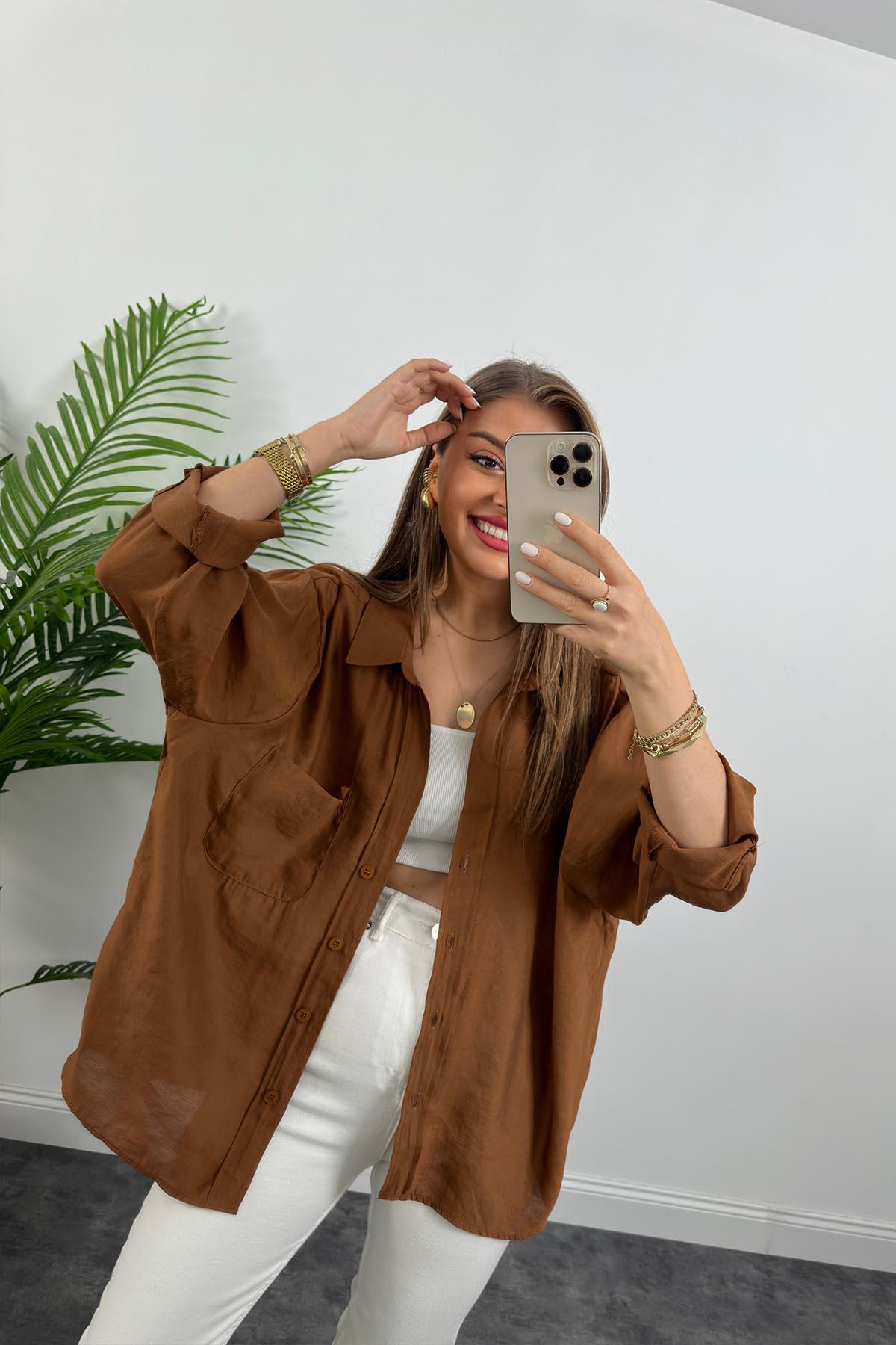 Lüx Kalite Basic Salaş Tensel Gömlek Kahve