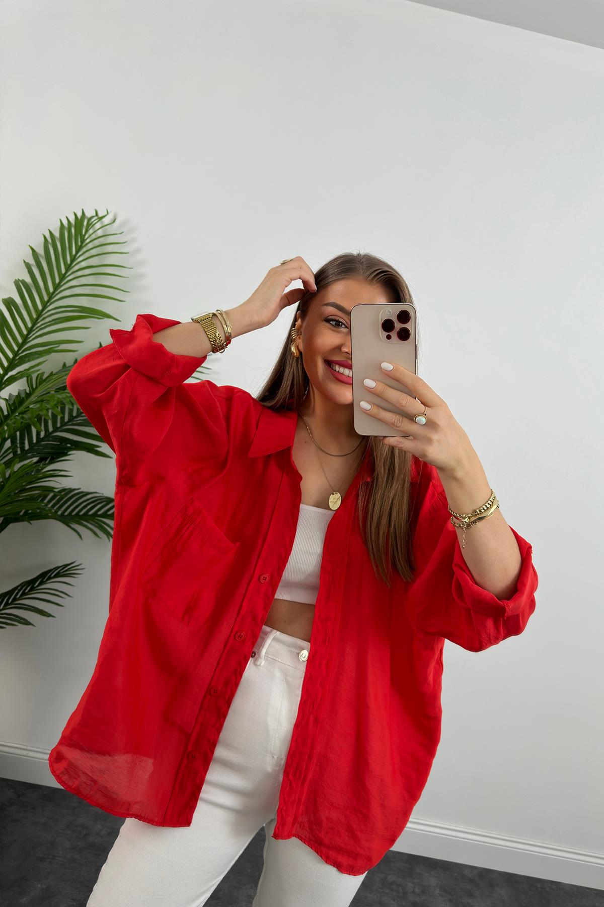 Lüx Kalite Basic Salaş Tensel Gömlek Kırmızı