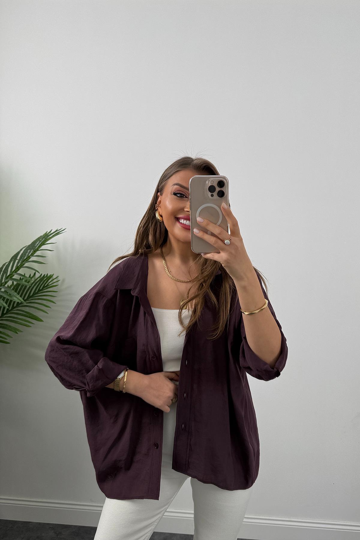 Lüx Kalite Basic Salaş Tensel Gömlek Mürdüm