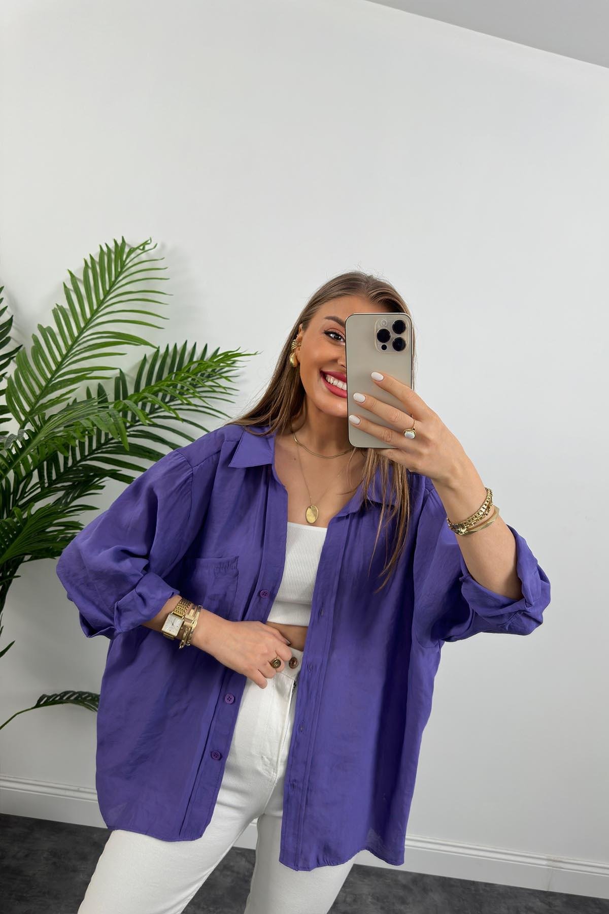 Lüx Kalite Basic Salaş Tensel Gömlek Mor